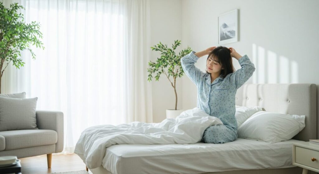 朝日が差し込む明るい寝室で、水色のパジャマを着た若い女性がベッドから起き上がり、気持ちよさそうに伸びをしている様子。