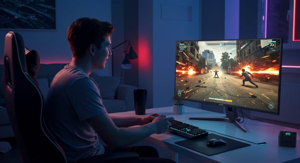 ゲーミングチェアに座り、画面の映像と連動して光る照明の中で、男性がPCのアクションゲームに熱中している。