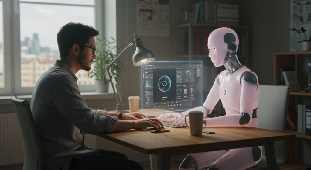 AIアシスタントと男性がデスクで隣り合わせに座り、Gemini Canvasの画面を見ながら協同でコンテンツ作成作業を進めている様子。
