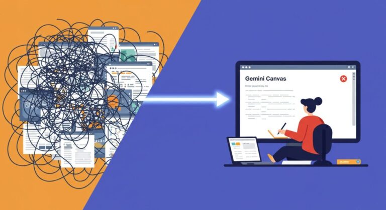 左側の複雑に絡み合った複数のウィンドウが、Gemini Canvasによって右側の整理された一つの編集画面へと効率化されるプロセスを示すイラスト。