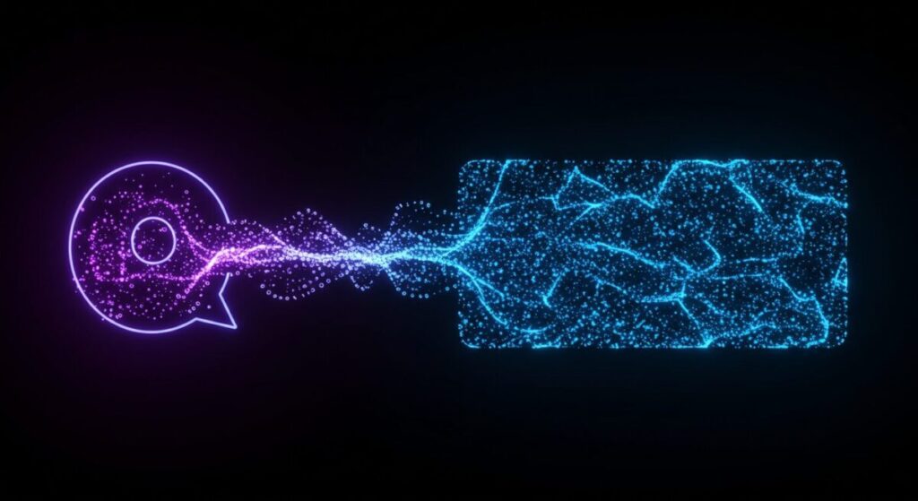 紫色のチャットアイコンから放出された光の粒子が、波のように青色の四角いキャンバスへとシームレスに流れ込む抽象的なアート。