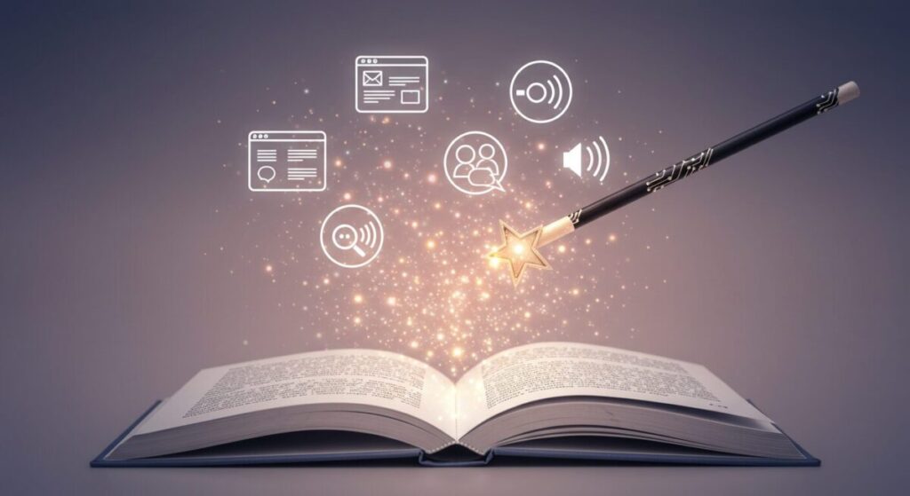 開かれた本の上で輝く魔法の杖から、ウェブページ、音声、ユーザーアイコンなどのデジタルコンテンツが生まれている様子。