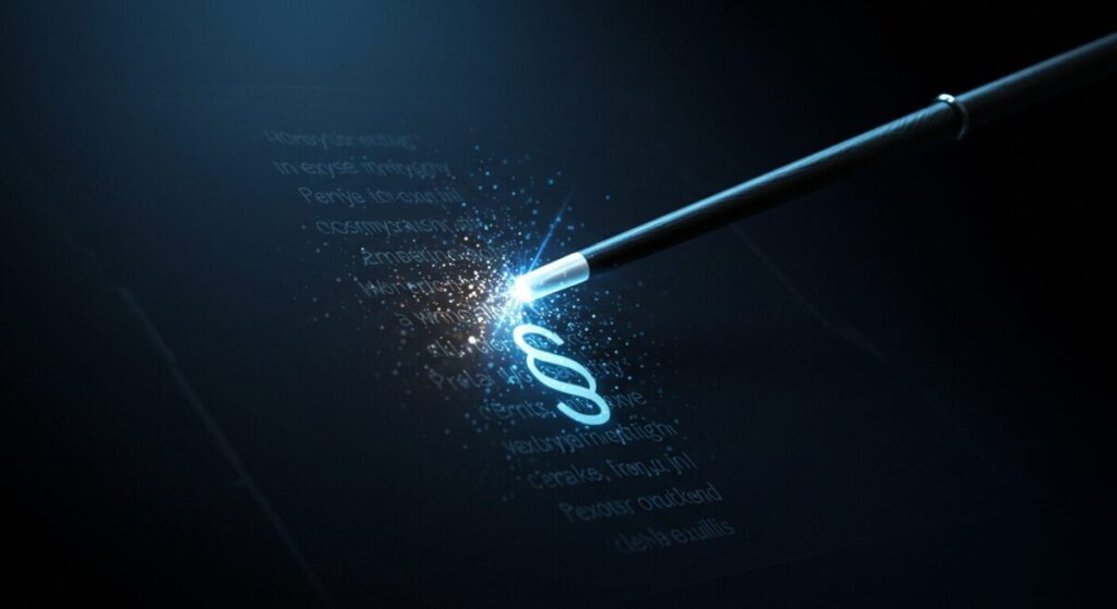 暗いデジタル空間で、魔法の杖のような光るペン先が、文章の区切りを意味するセクションマーク（§）を精密に描き出している