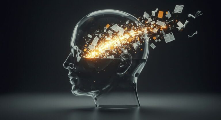 ガラスでできた人間の頭部から、無数の書類がオレンジ色の光と共に知識の奔流となってあふれ出している様子。