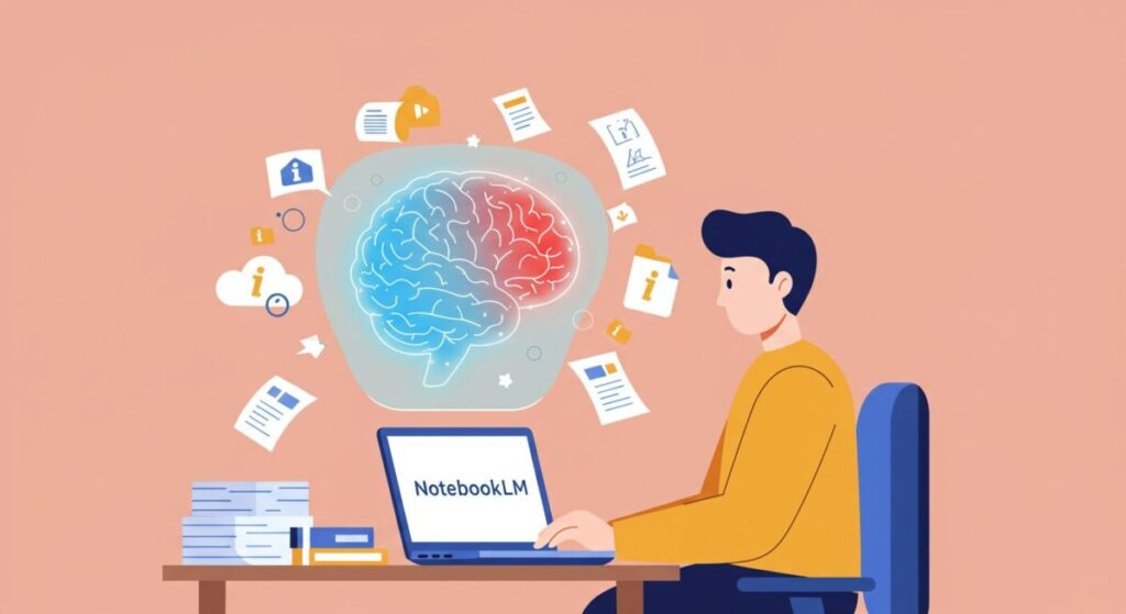 男性が「NotebookLM」と表示されたノートパソコンに向かい、頭脳の周りを飛び交う情報アイコンを整理しながら効率的に作業を進めているイラスト。