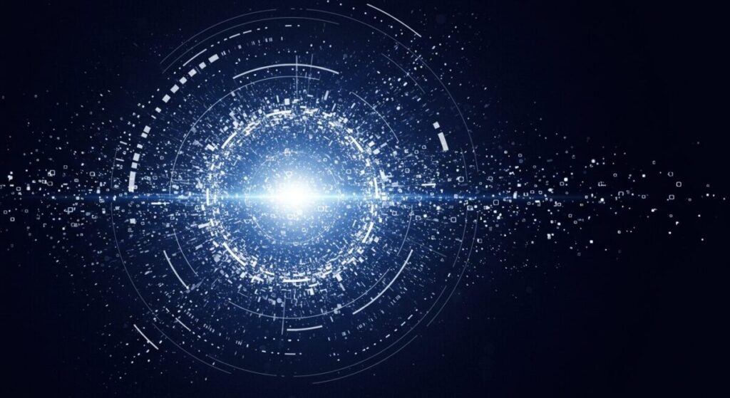 無数のデータポイントと線が中心の輝くコアに集約され、巨大なデジタル情報スフィアを形成している。