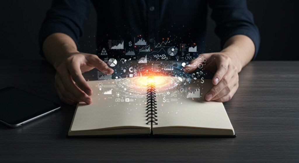 デスクに置かれた開いたノートから、無数のグラフやデータアイコンがホログラムのように浮かび上がり、知識の宇宙を形成している。